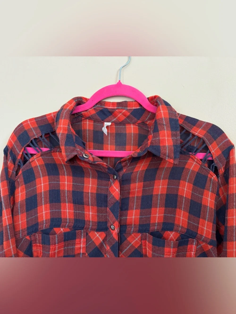 Free People Red Navy Plaid Button Down Shirt Boho Grunge Flannel Size Medium - Picture 7 of 11